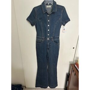 Jessica Simpson Denim Jumpsuit Short Sleeve‎ Button Front Flare Leg Size 7